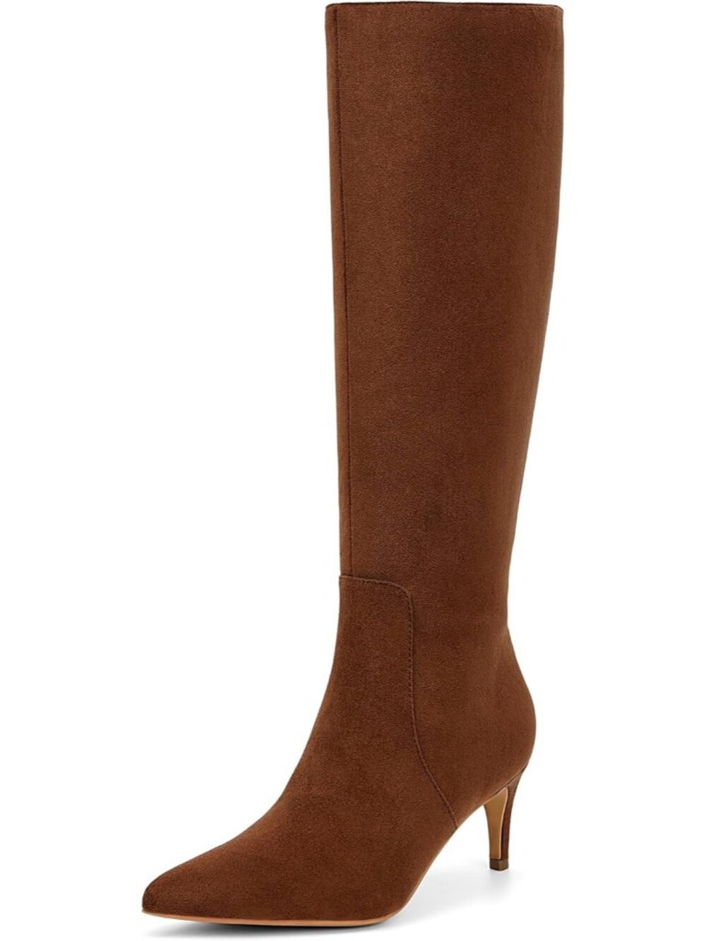 Women's Brown Faux Suede Stylish Pointed Toe Low Kitten Heel Knee High Boots
